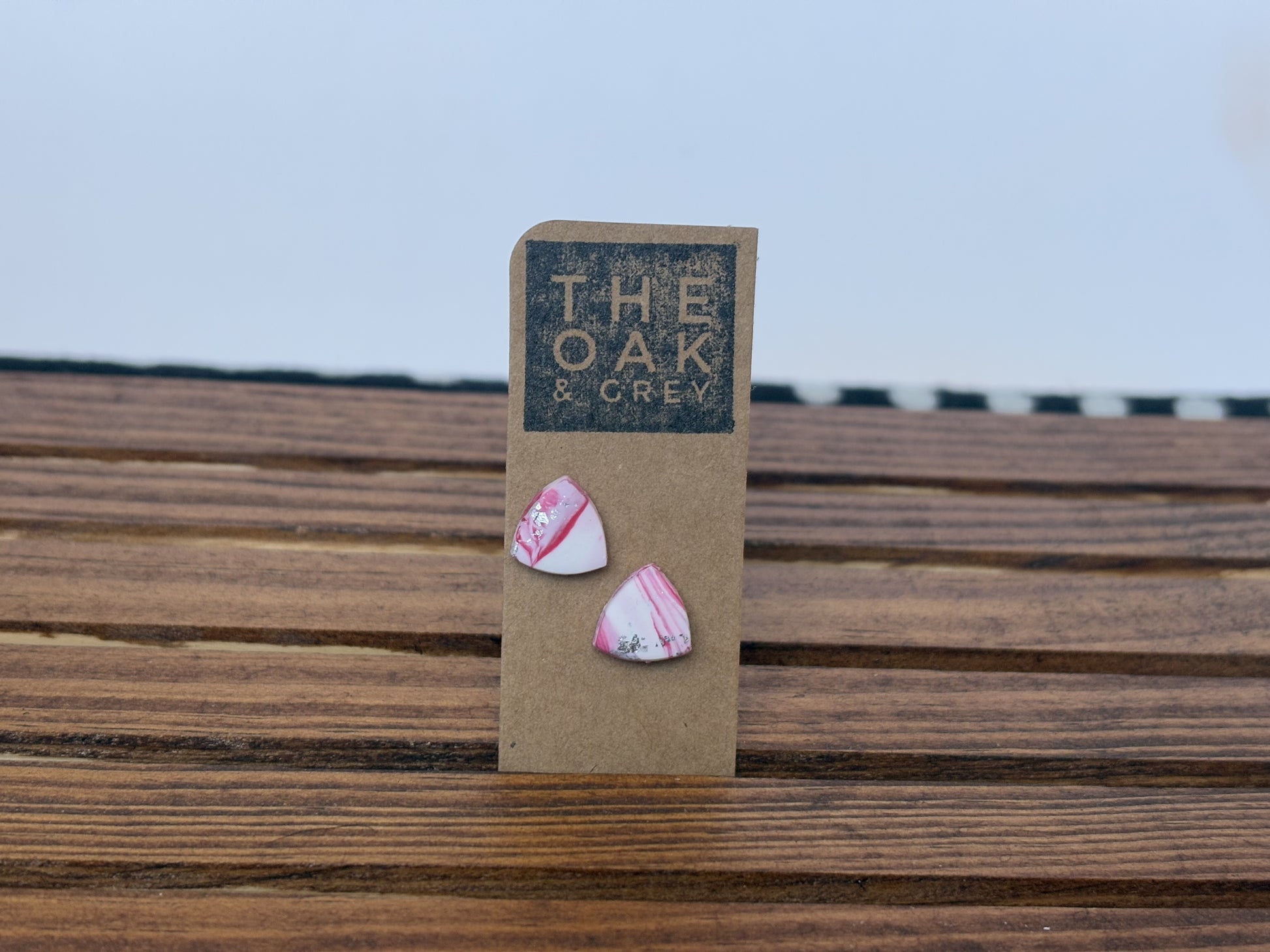 Pink Marble Reuleaux Triangle Stud Earrings | The Oak & Grey